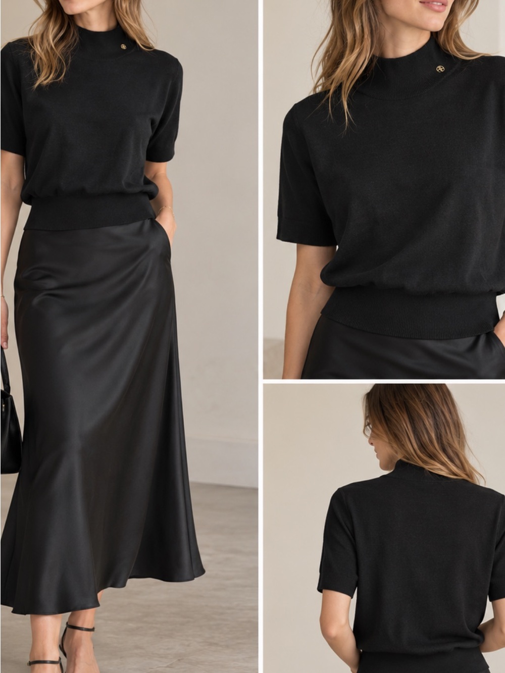 ANINE BING Black Mock Neck Short Sleeve Knit Top Women’s Size M Wool and Cashmer